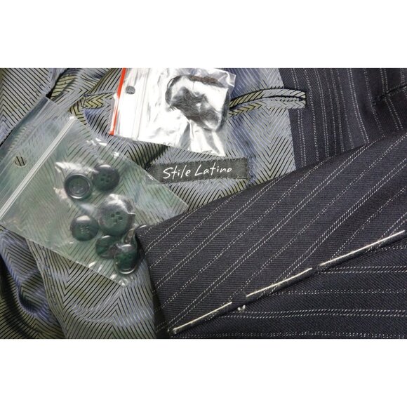 Stile Latino Navy Blue Pinstriped 100% Wool 2 Pc Suit Jacket Pants 38 BRAND NEW